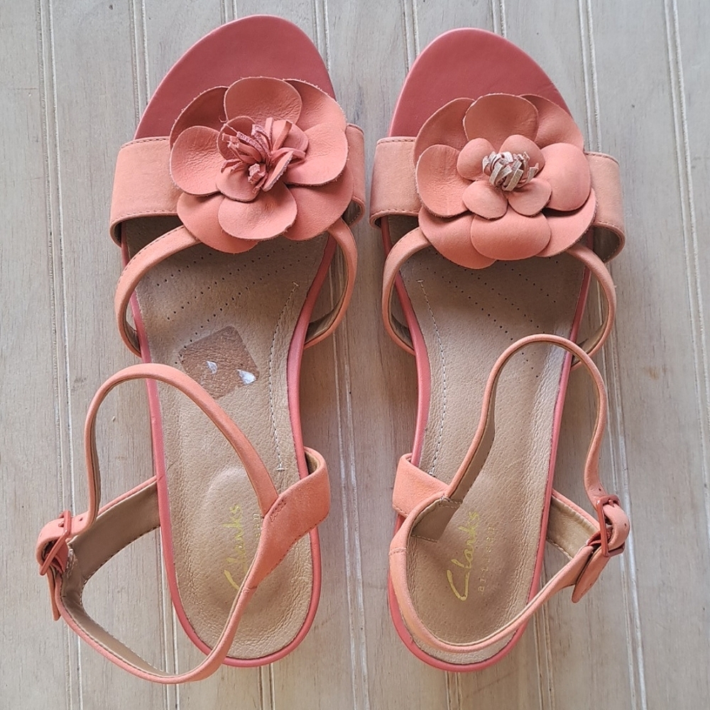 Clarks Artisan Parram Stella Comfort Sandals Floral Detail Strap Short Wedges